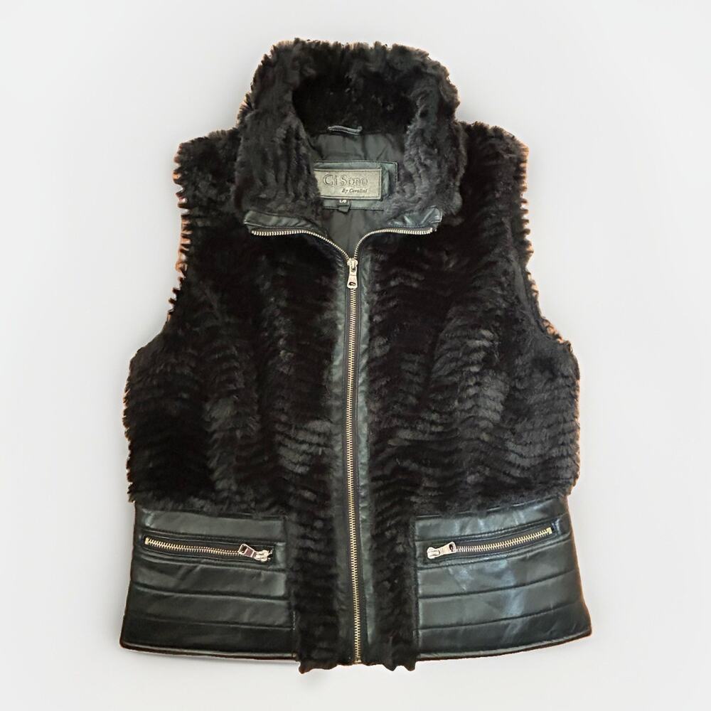 Ci Sono Black Vegan Leather/Faux Chevron Fur Vest Women's Size Large Biker Chic - Picture 5 of 10